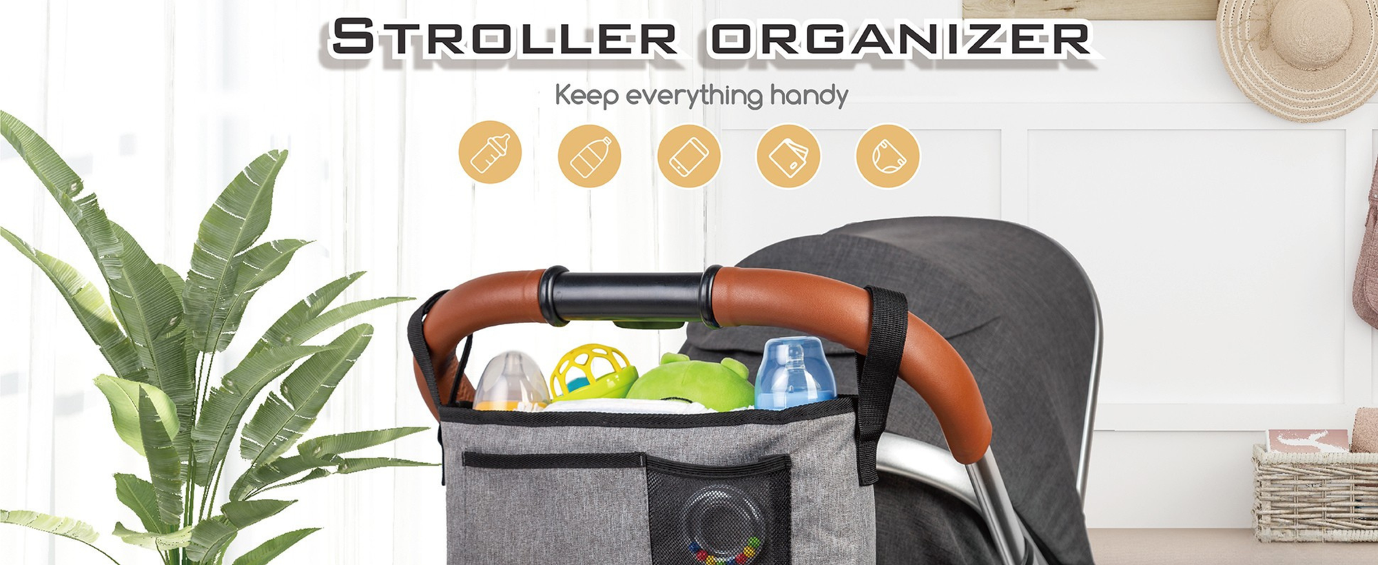Stroller organizer with bottles and toys attached to a stroller 