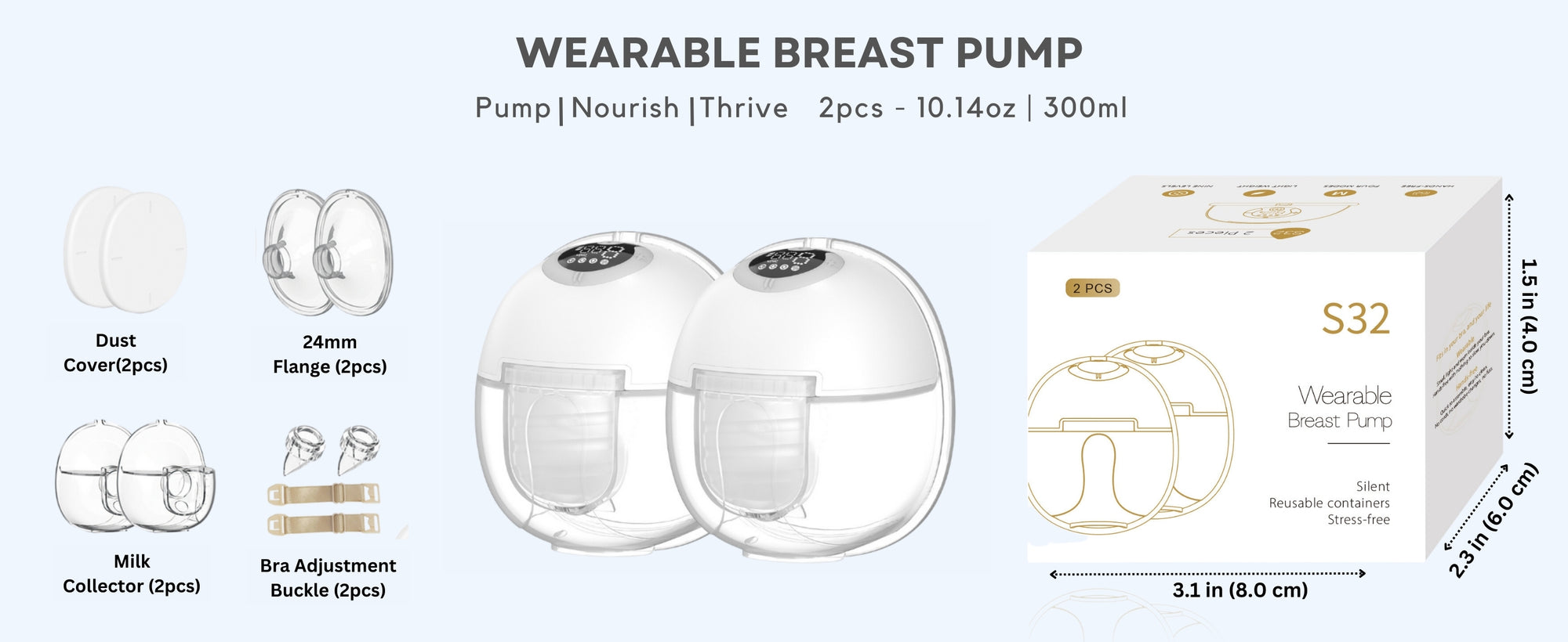 Wearable breast pump with components and packaging displayed
