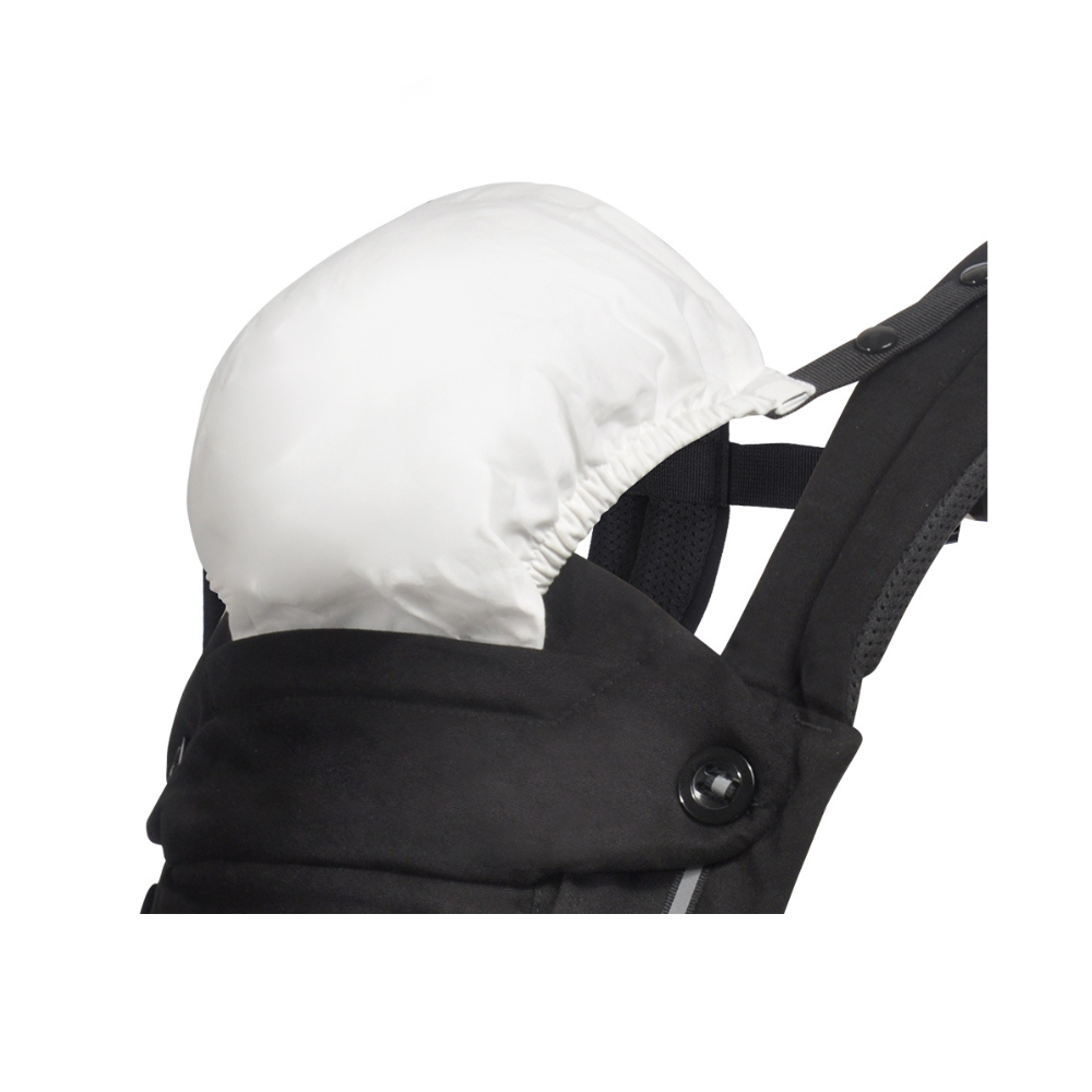 A black breathable baby carrier with a detachable white infant headrest support and close-up detail