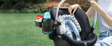 Stroller cup holder and snack tray attached to a car seat