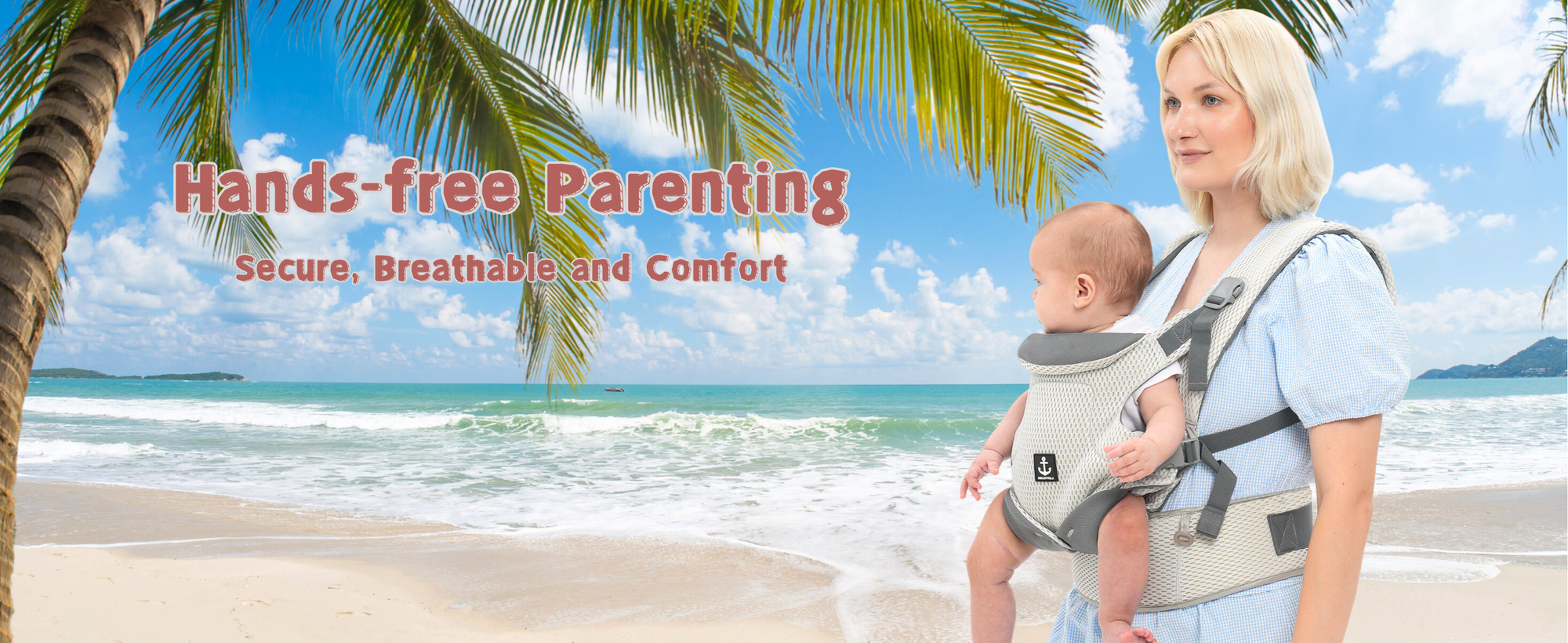 Experience hands-free parenting on vacation: a woman carries her baby comfortably in a LUFFCABO carrier while walking on a beach with palm trees and ocean view