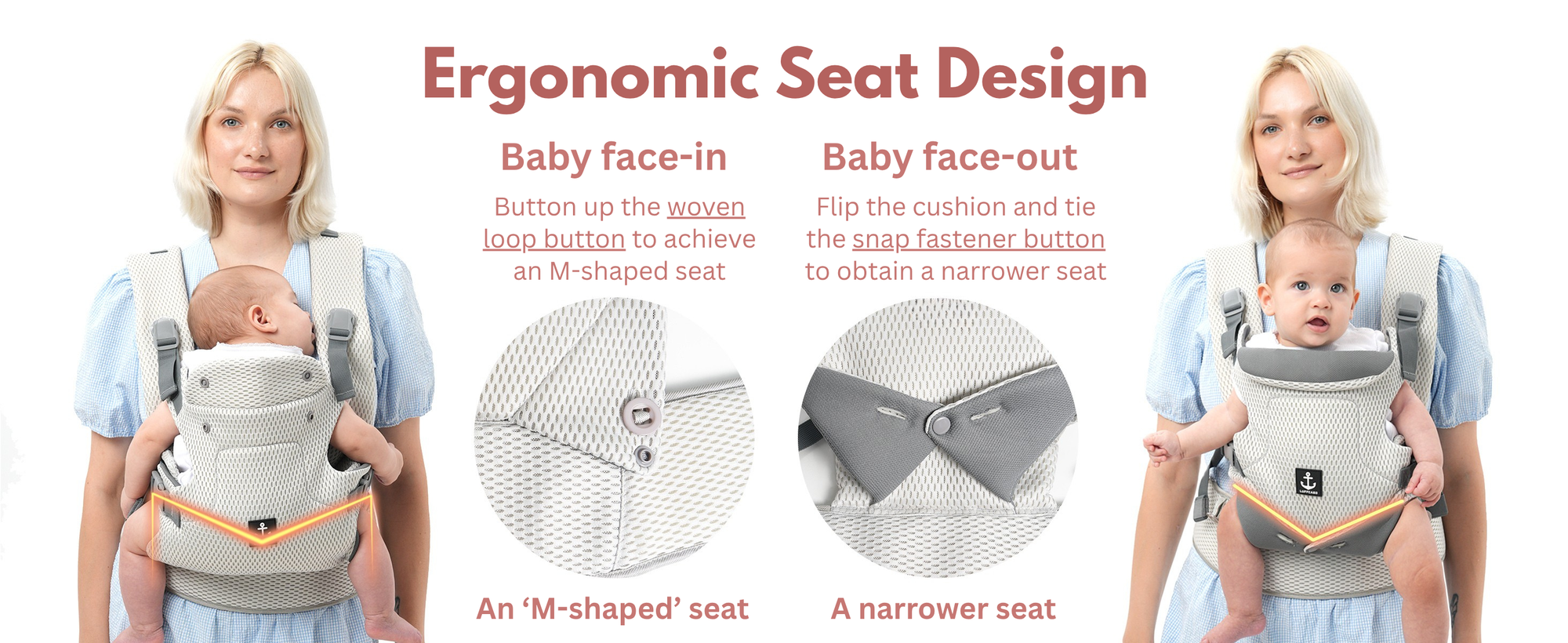Ergonomic seat design with two ways for baby to sit