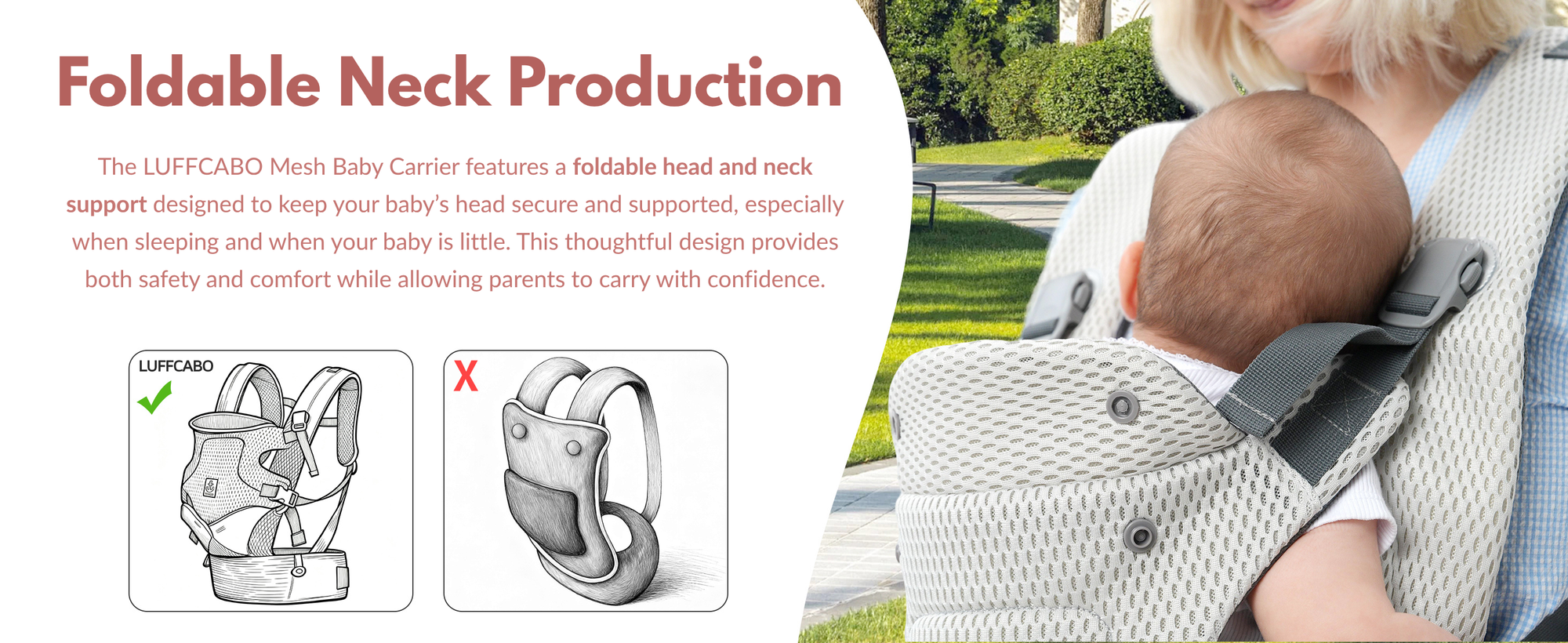 Baby carrier with foldable neck support feature to protect baby's neck