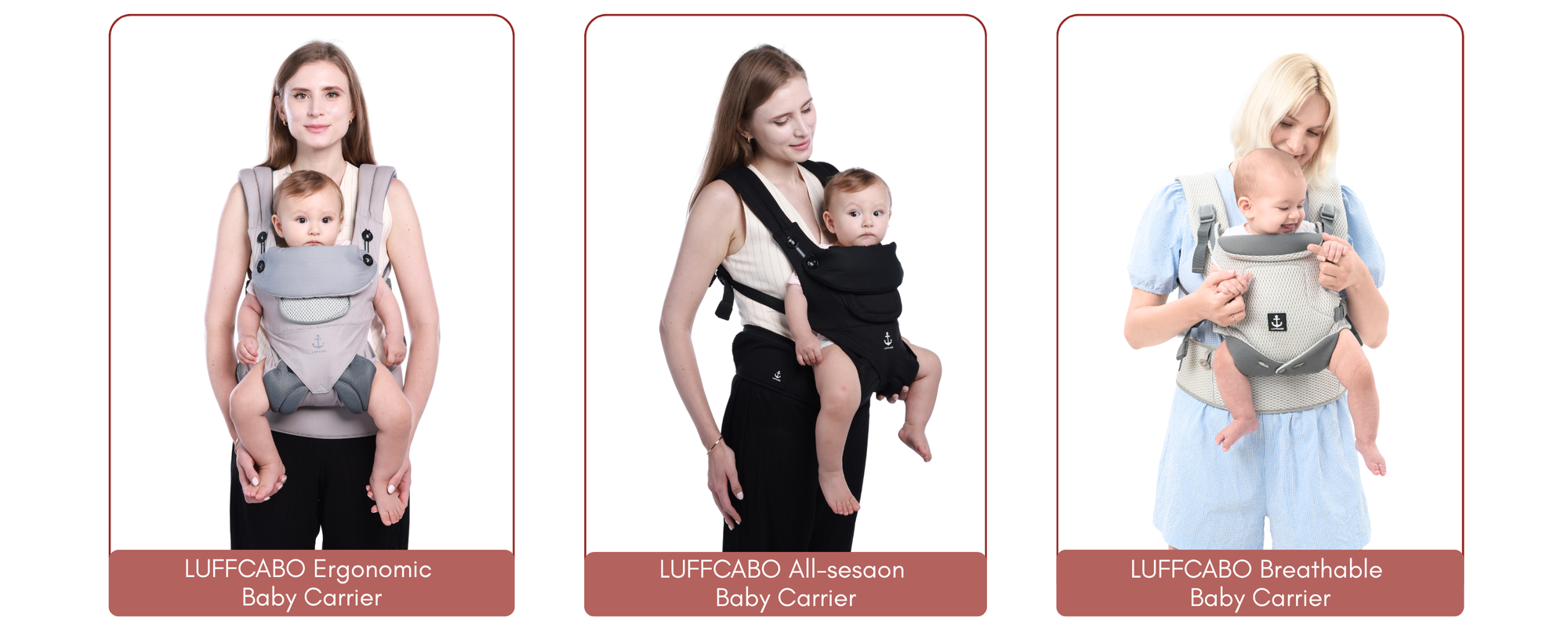 Three different baby carriers worn by parents with babies