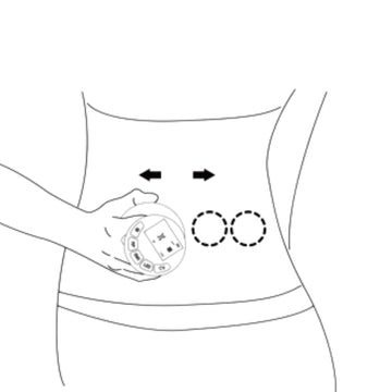 A person holding a body sculpting device with arrows and circles indicating movement or action