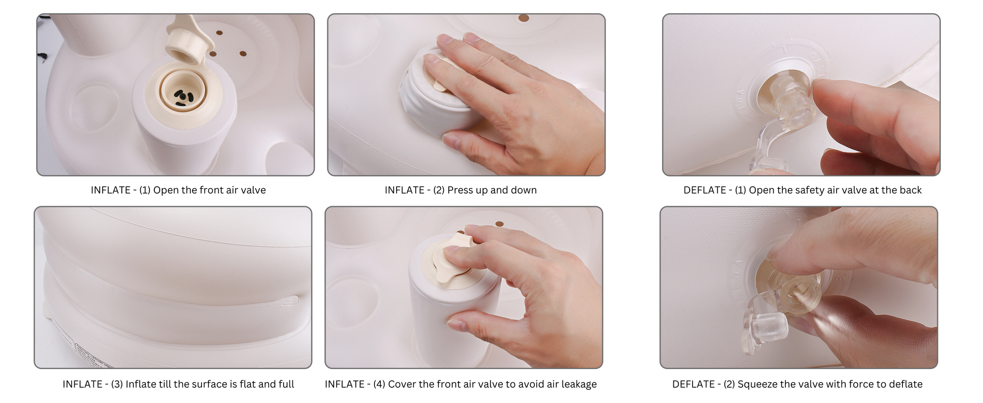 Step-by-step instructions on how to inflate and deflate a baby seat using valve control