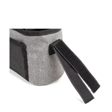 Gray stroller bag with a black strap 
