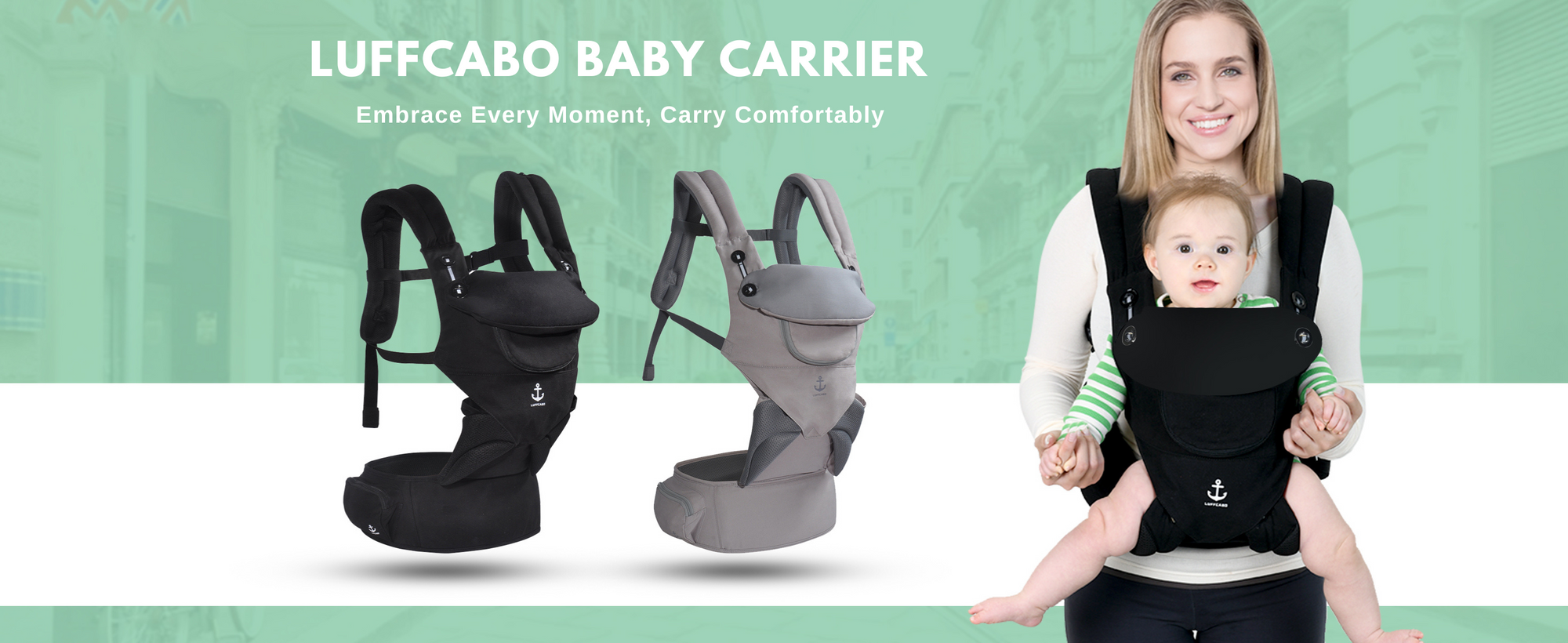 Mother using LUFFCABO baby carrier to hold infant, hands-free carrying