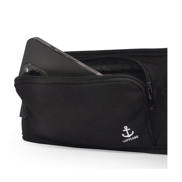 Black pouch with a zipper and an iphone is in it