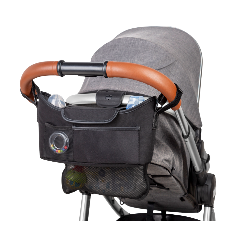 A black stroller organizer bag attached to the stroller handle 