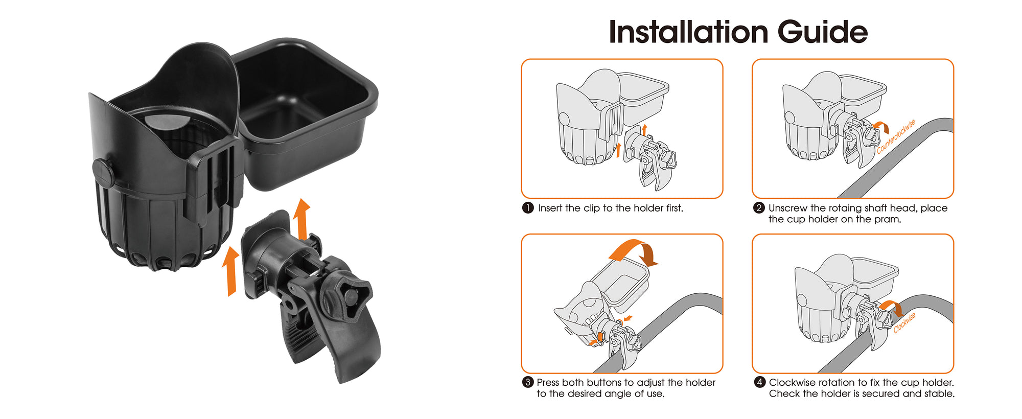Installation guide for a detachable cup holder with step-by-step instructions
