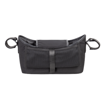 Black stroller organizer bag with handles and mesh design