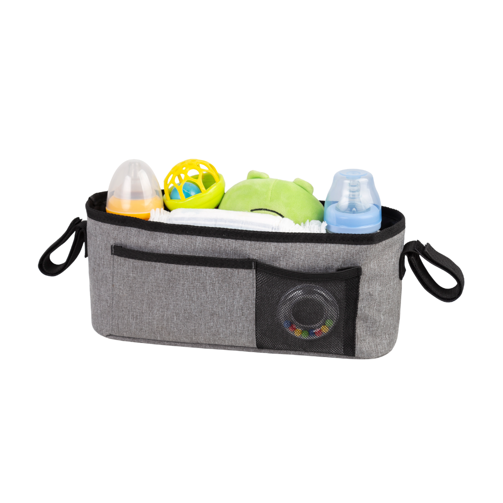 A gray baby stroller organizer with toys and bottles inside it 
