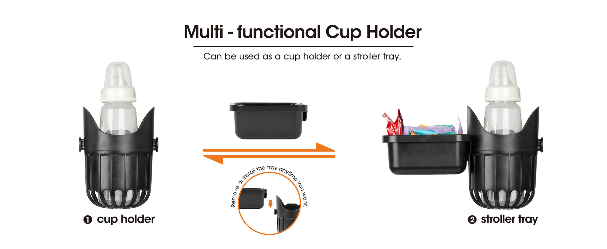 Multi-functional cup holder can be used as a cup holder or a stroller tray 