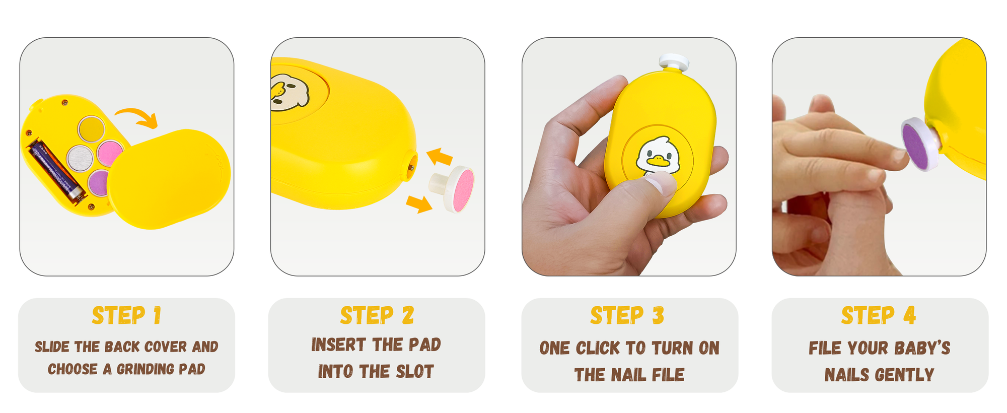 Step-by-step guide on using a yellow nail file, showing how to slide the back cover, insert the pad, turn it on, and file nails