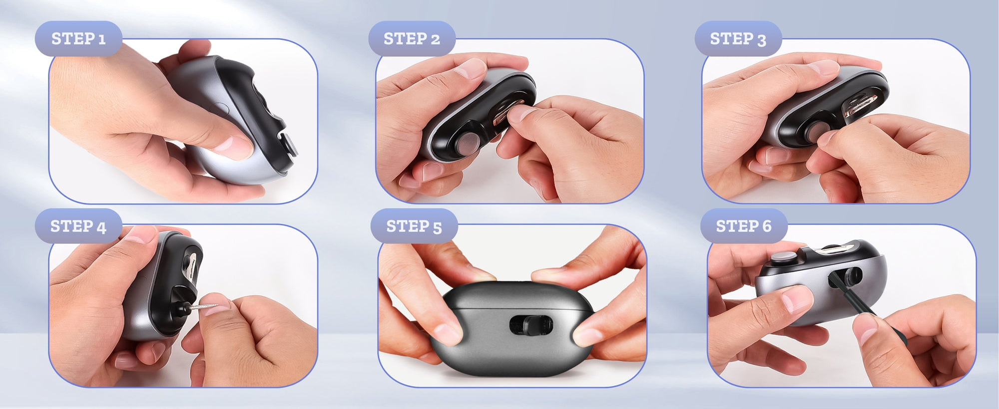 Step-by-step guide on how to use electric nail trimmer with close-up shots of hands performing actions