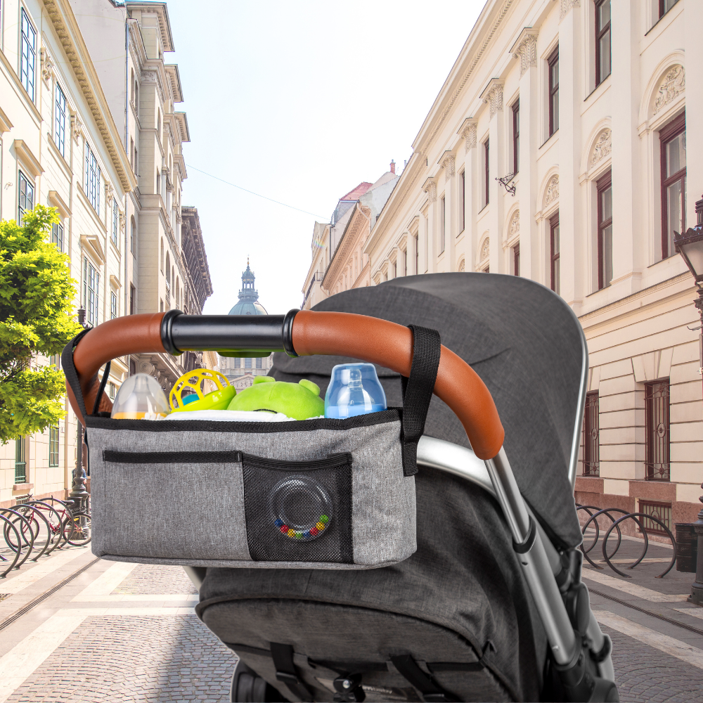 Enjoy a city stroll with a stroller equipped with a stroller organizer that keeps snacks and drinks within easy reach