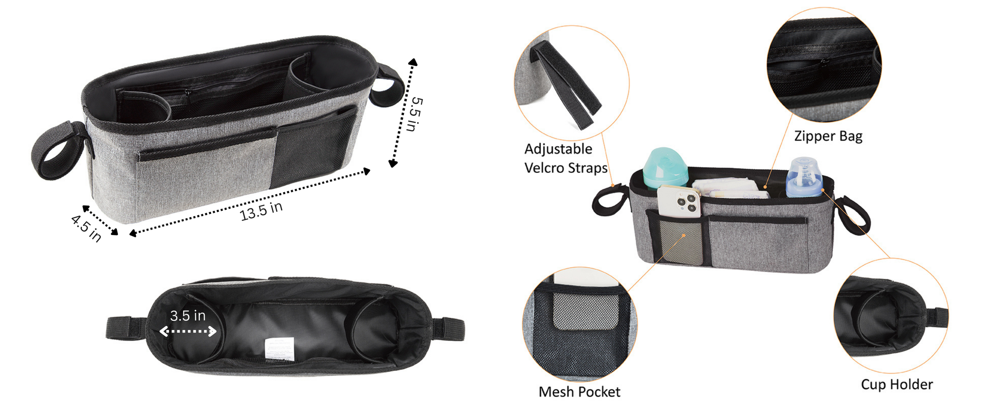 Stroller organizer with adjustable velcro straps, zipper bag, mesh pocket, and cup holder