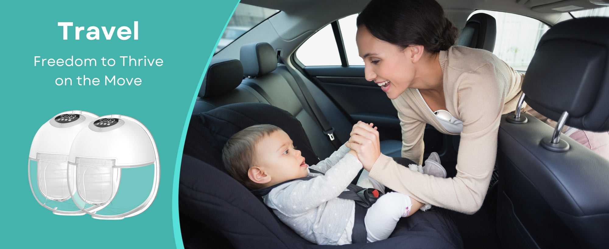 Mom adjusting a child's car seat with a baby while using breast pump in the car