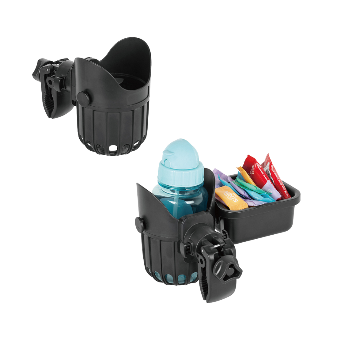 Black cup holder with bottle and compartments 