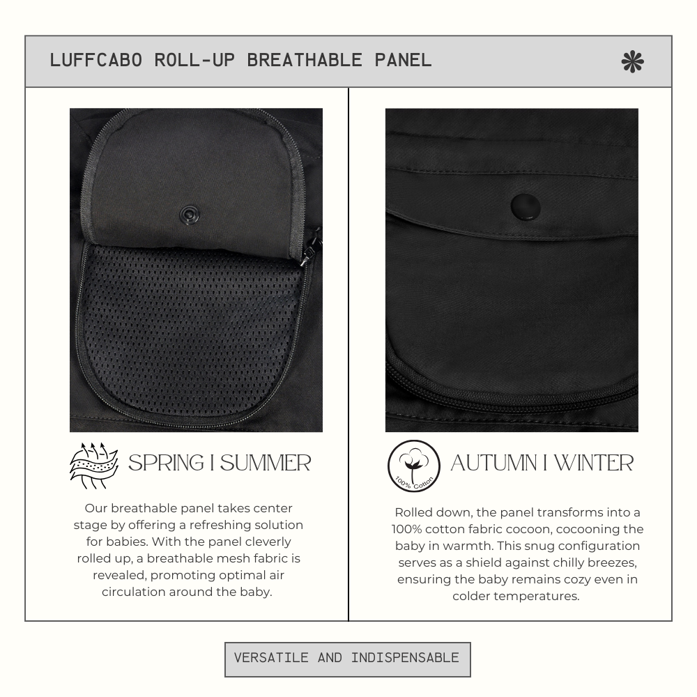 LUFFCABO baby carrier with a roll-up breathable panel for year-round comfort, suitable for all seasons
