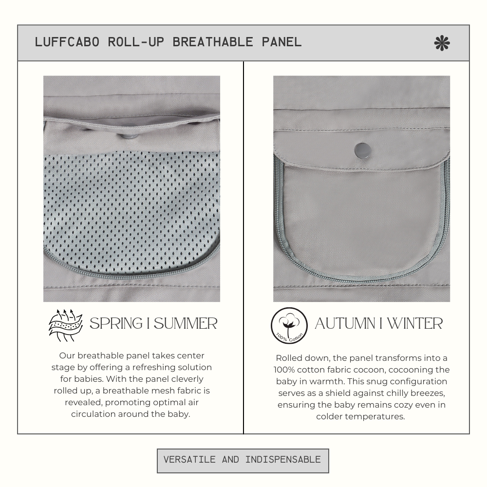 LUFFCABO baby carrier with a roll-up breathable panel for seasonal comfort, ideal for all-weather use