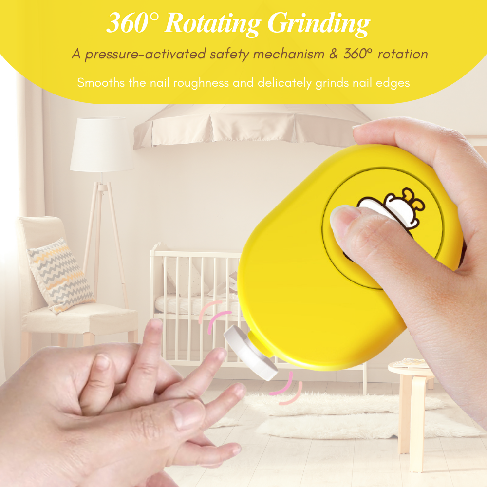 LUFFCABO electric nail trimmer featuring 360° rotating grinding, ensuring safe baby nail filing