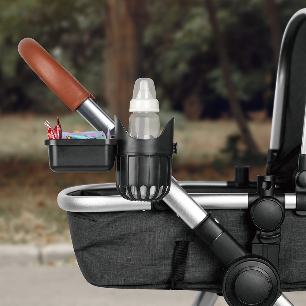 LUFFCABO stroller snack tray with a cup holder attachment, ideal for carrying snacks and bottles