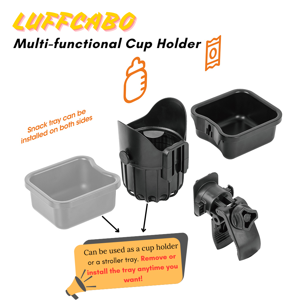The detachable design of the LUFFCABO multi-functional cup holder allows it to be used as a stroller accessory, a walker tray, a scooter tray, a shopping cart accessory, or a wheelchair cup holder attachment
