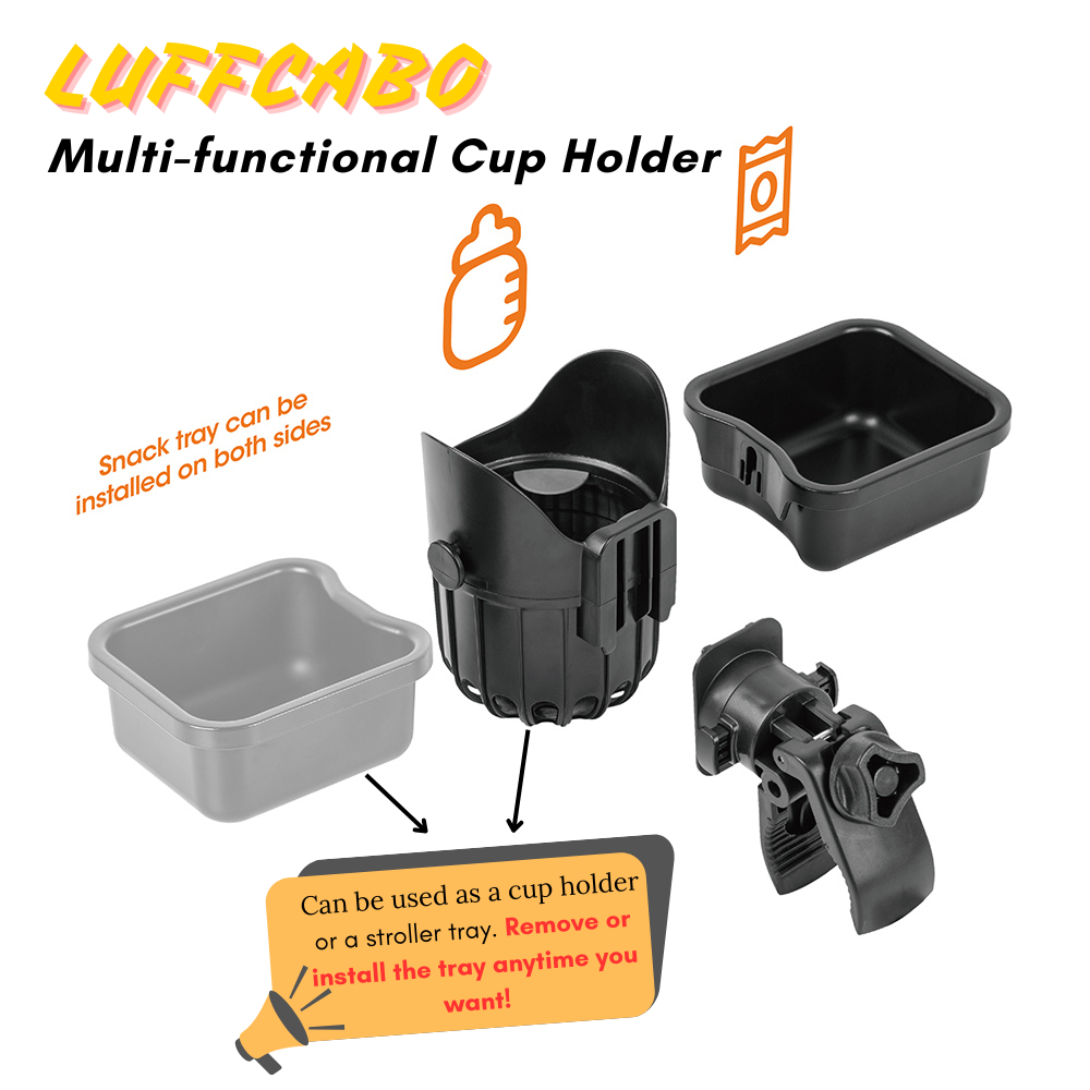 LUFFCABO multi-functional cup holder, detachable design allowing it to be used as a stroller accessory, a walker tray, a scooter tray, a shopping cart tray, or a wheelchair cup holder