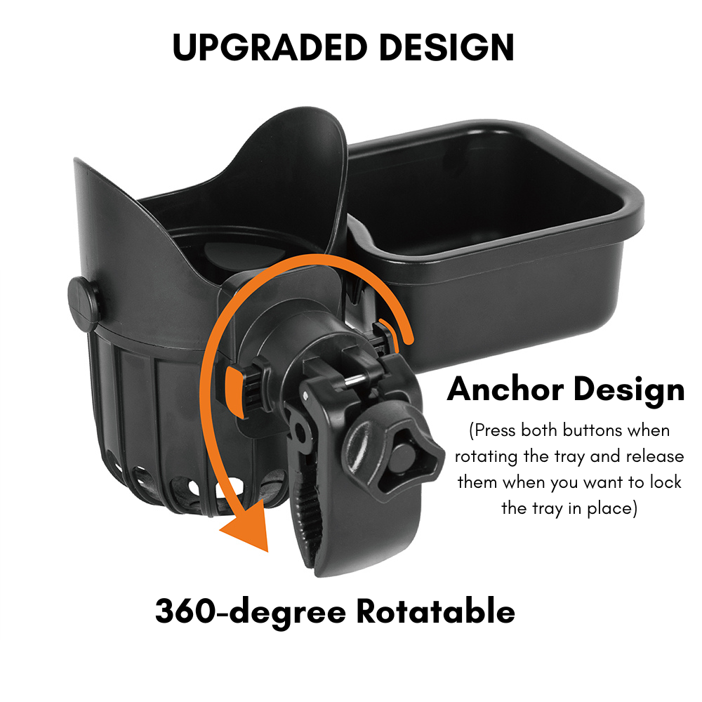 LUFFCABO stroller cup holder with 360-degree rotatable design and anchor system, a versatile snack tray