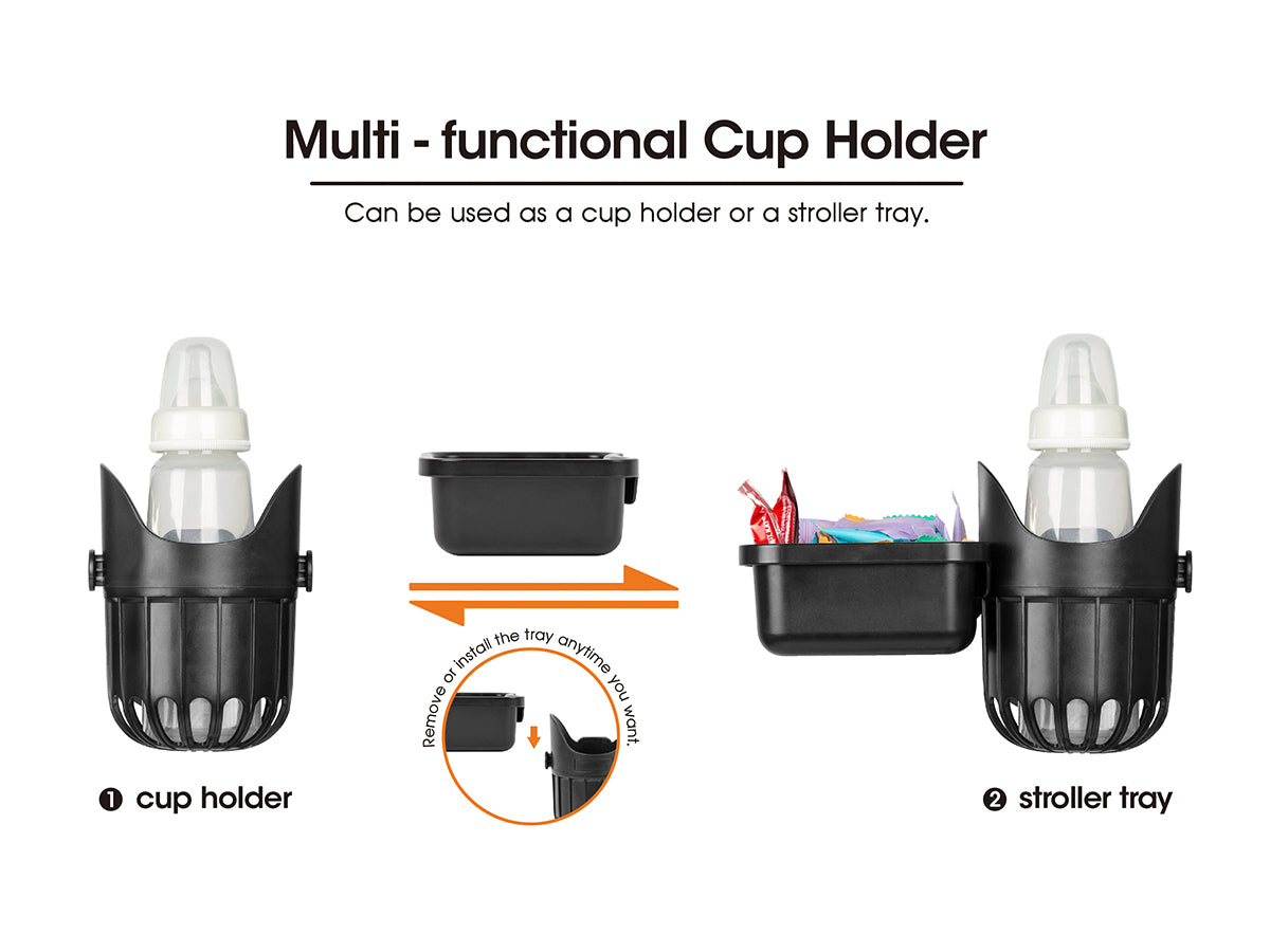 LUFFCABO multi-functional cup holder with detachable stroller tray. Its convertible design makes it possible to be used by both adults and kids