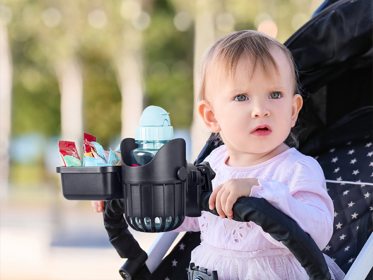 LUFFCABO stroller snack tray with cup holder, perfect to hold snacks & drinks