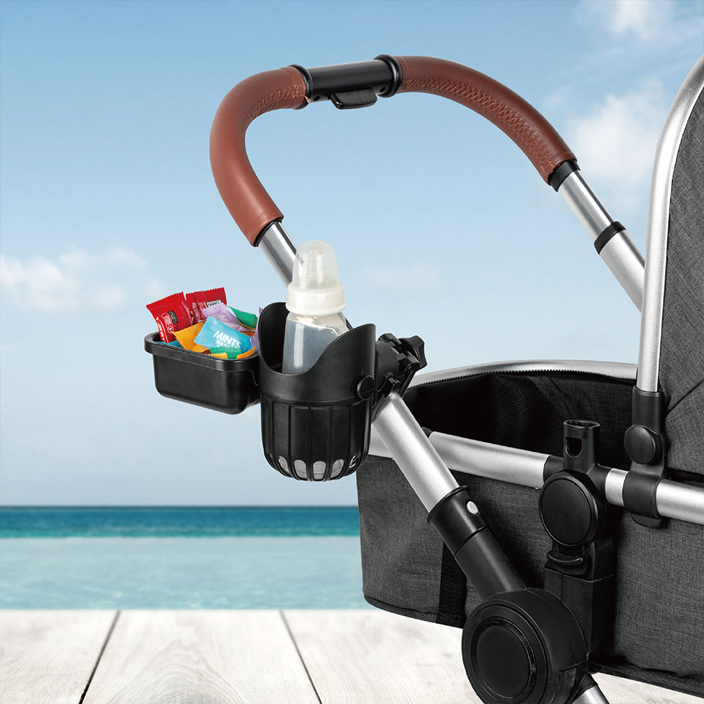 LUFFCABO stroller snack tray with cup holder attachment, perfect for outdoor strolls