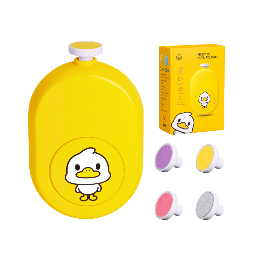 The electric baby nail file with a cartoon duck design packaging and replaceable trimming heads