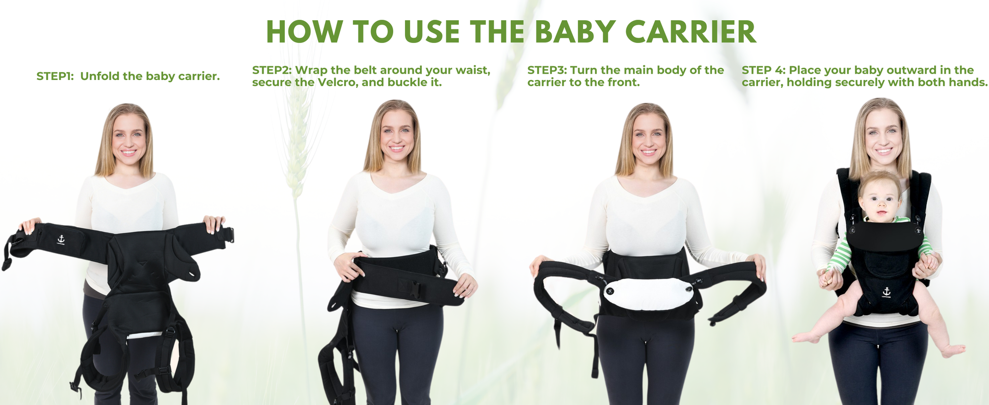 Step-by-step guide on how to use a baby carrier with a mother demonstrating each step