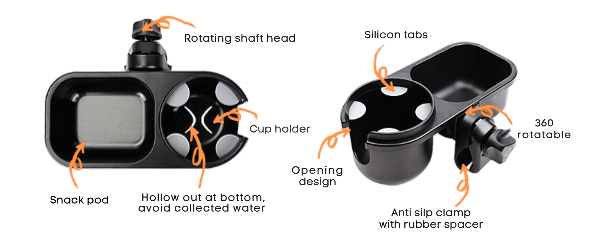 Stroller snack tray with various features labeled 