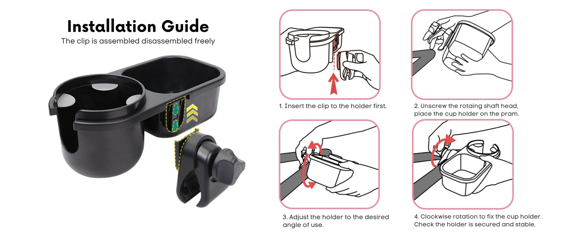 Installation guide for a stroller cup holder with step-by-step instructions