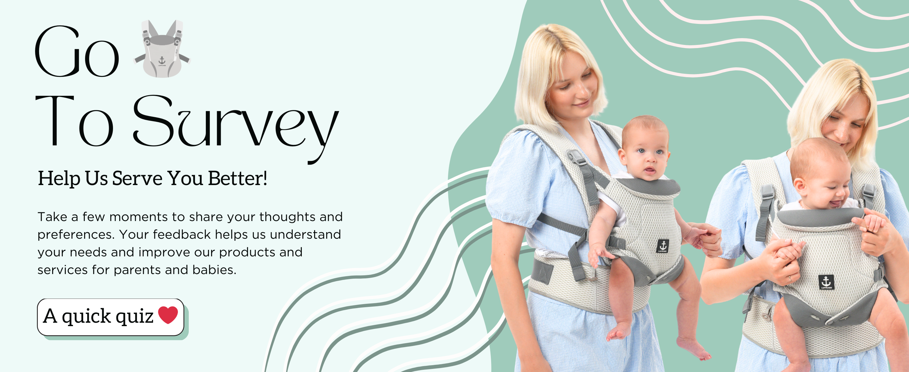 A mom holding babies in baby carriers with a survey invitation to share thoughts and preferencesslider_item_tm46Lb