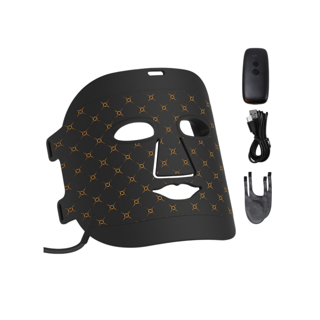 Black LED light therapy facial mask kit including remote, cable, and attachments for anti-aging and acne treatment