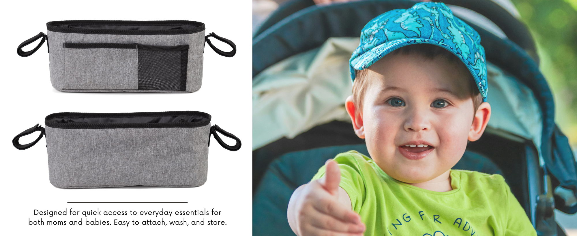Gray stroller organizer designed for quick access to everyday baby essentials 