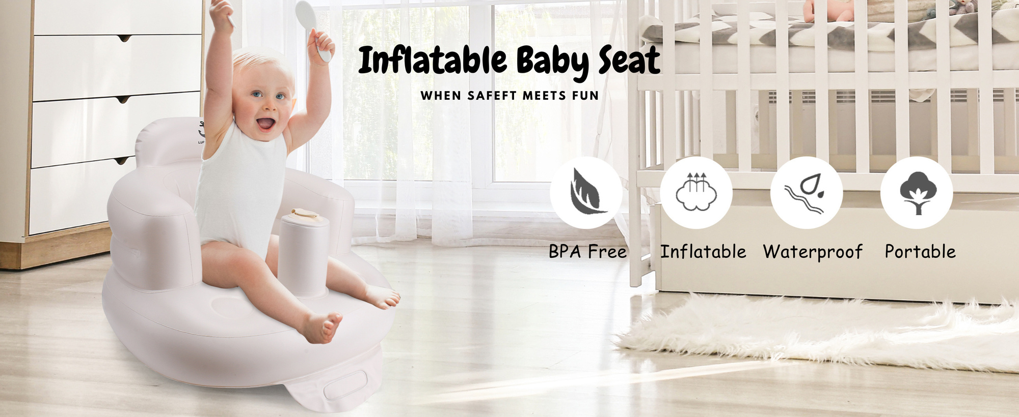Inflatable baby seat with a baby sitting on it, placed in a room with a crib. The baby seat is BPA free, inflatable, waterproof and portable