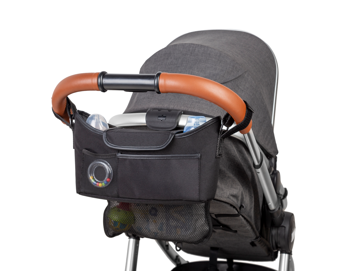 LUFFCABO stroller caddy securely attached to a stroller, perfect for organizing baby essentials