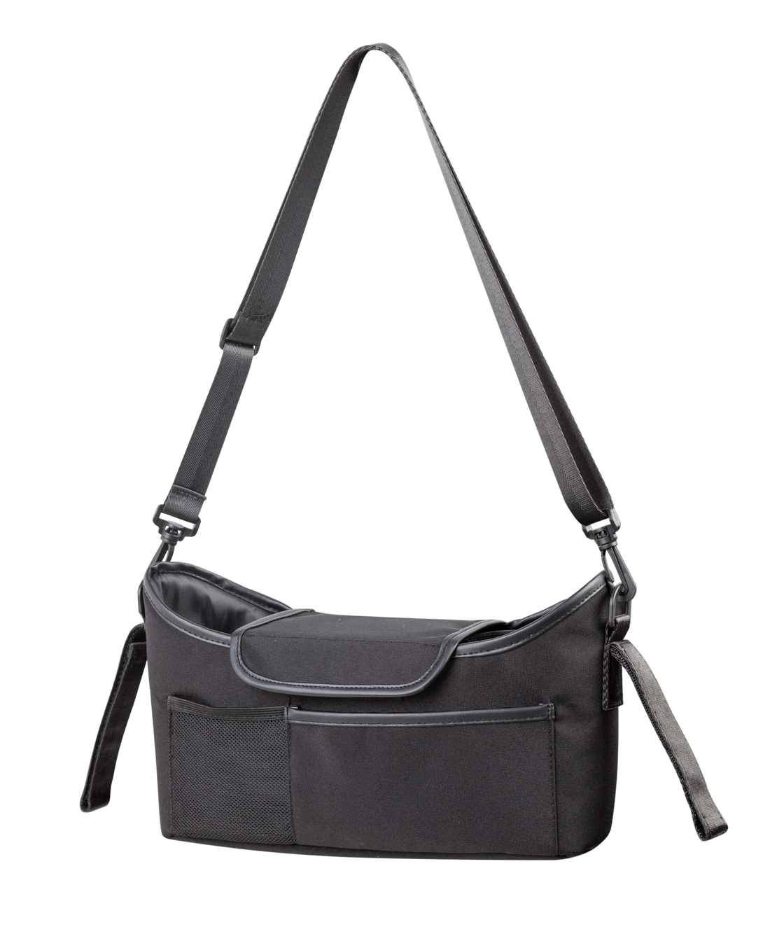 Gray stroller with a black organizer bag attached to the handle 