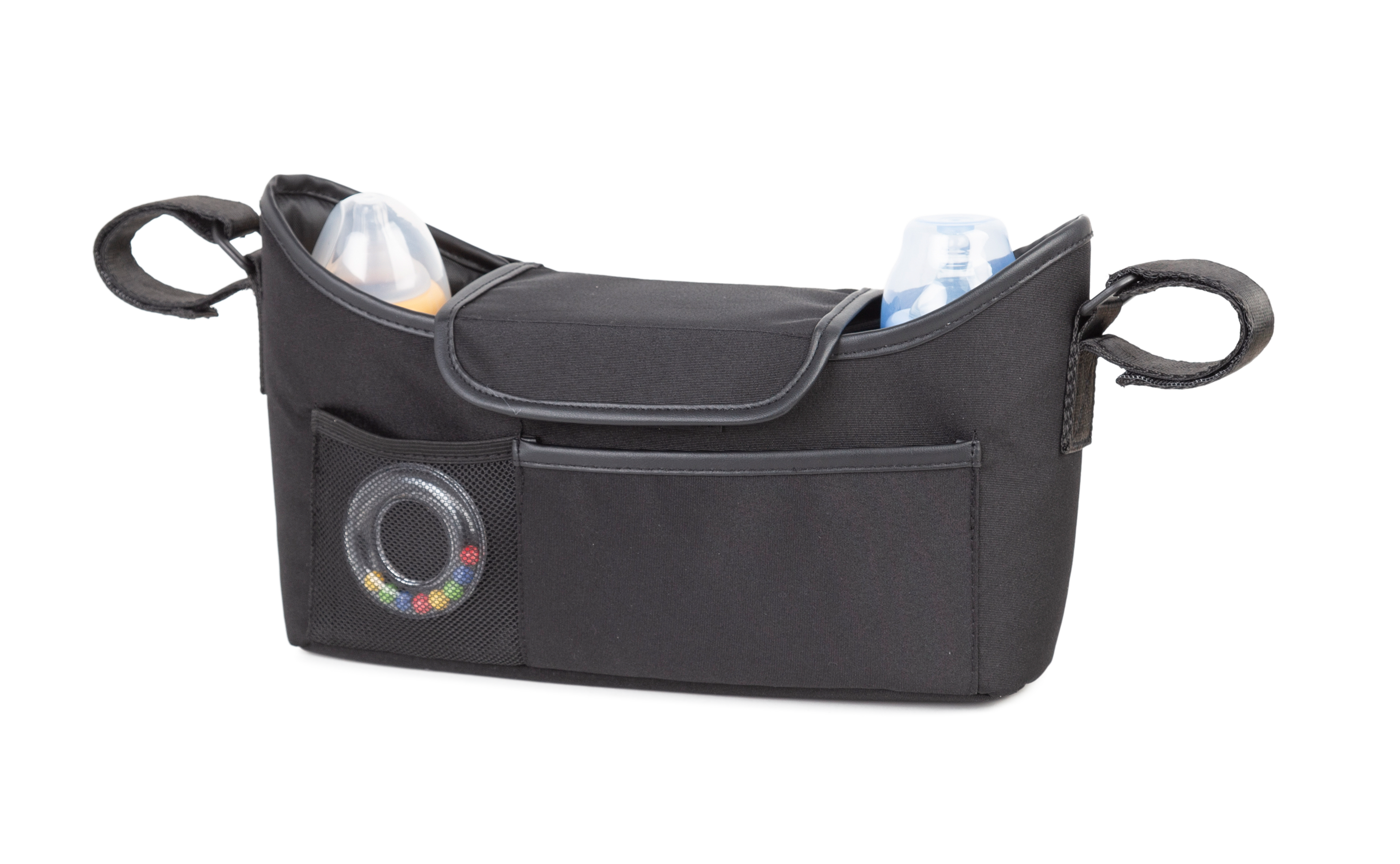 LUFFCABO stroller organizer with bottle holders and front pocket, ideal for storing baby essentials