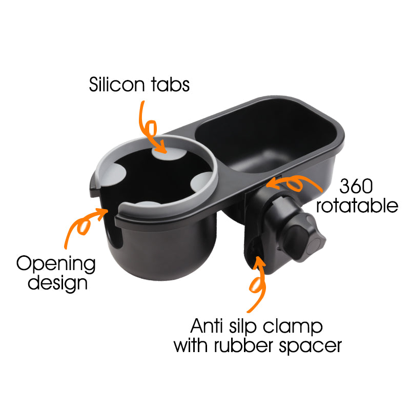 LUFFCABO stroller cup holder with silicone tabs, a 360° rotation design, and an anti-slip clamp for secure use