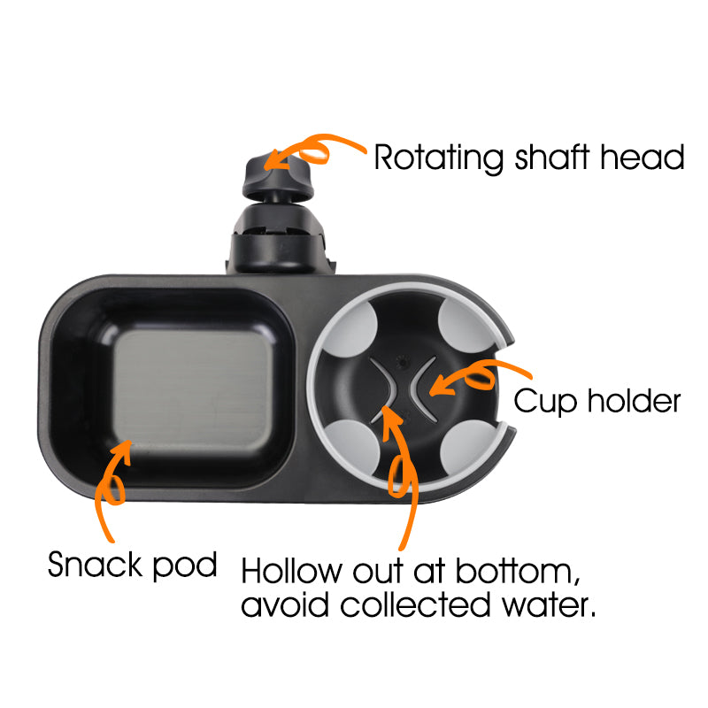 LUFFCABO stroller cup holder with snack pod, rotating head, and hollow bottom to avoid water