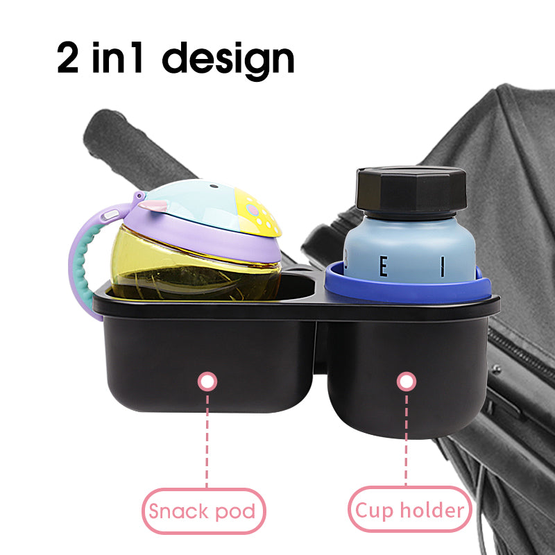 LUFFCABO stroller cup holder with 2-in-1 design featuring a snack pod and a bottle holder, perfect for family strolls with babies