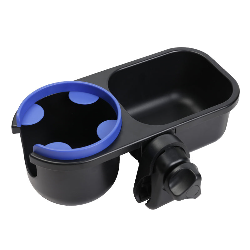 Black cup holder with drink cup and storage compartment 