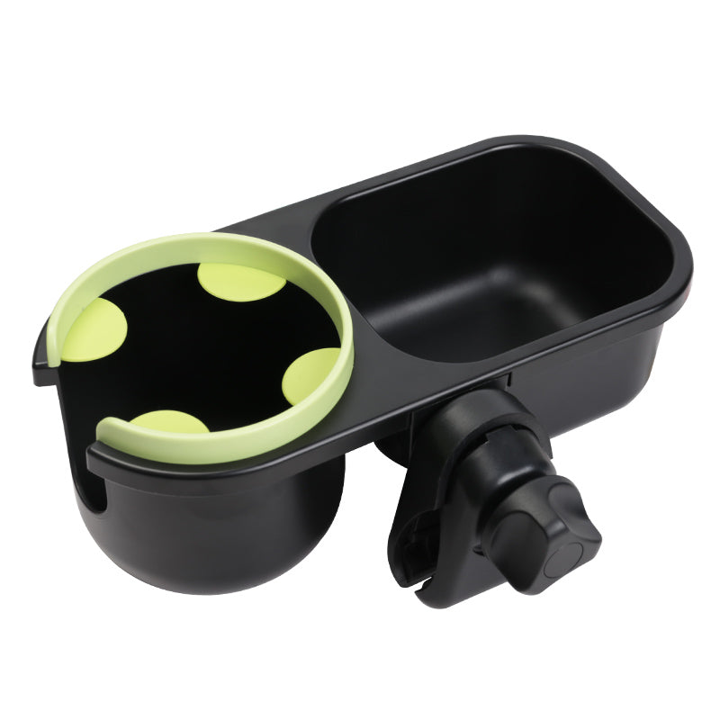 LUFFCABO stroller cup holder with green ring, dual compartments for drinks and stroller accessories